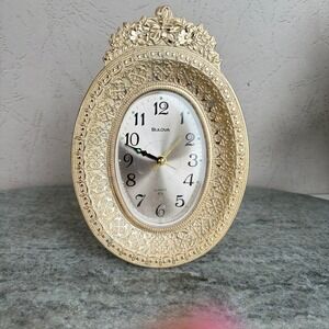 Bulova Quartz Alarm Clock Gold Tone Ornate Filigree Oval Table Desk 4RE708